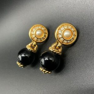 1980s Swarovksi Faux Pearl Gold Tone and Black Bead Statement Earrings